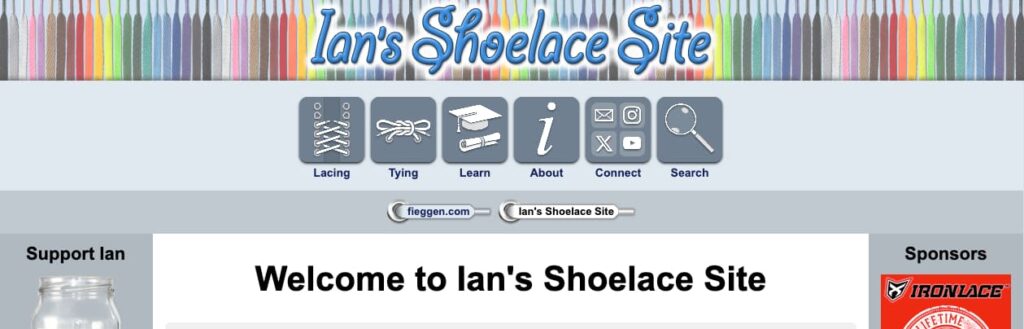 Screenshot from Ian's Shoelace Site showing lacing, tying, learn, about, connect, and search.