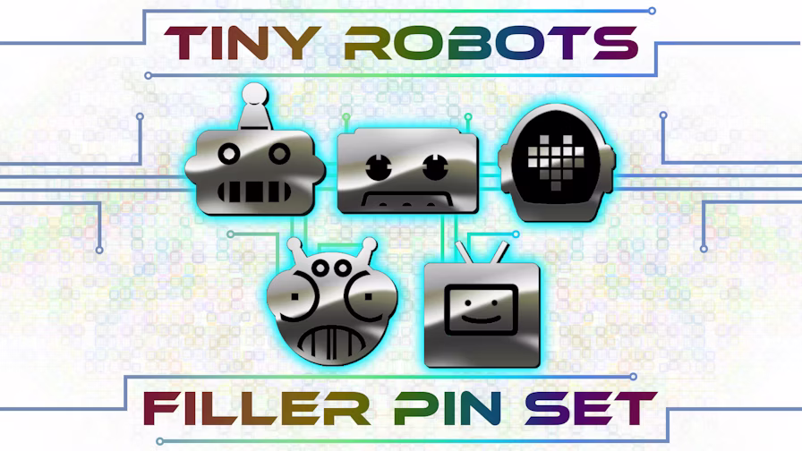 Tiny Robots Filler Pin Set: Featuring 5 silver retro robot head designs.