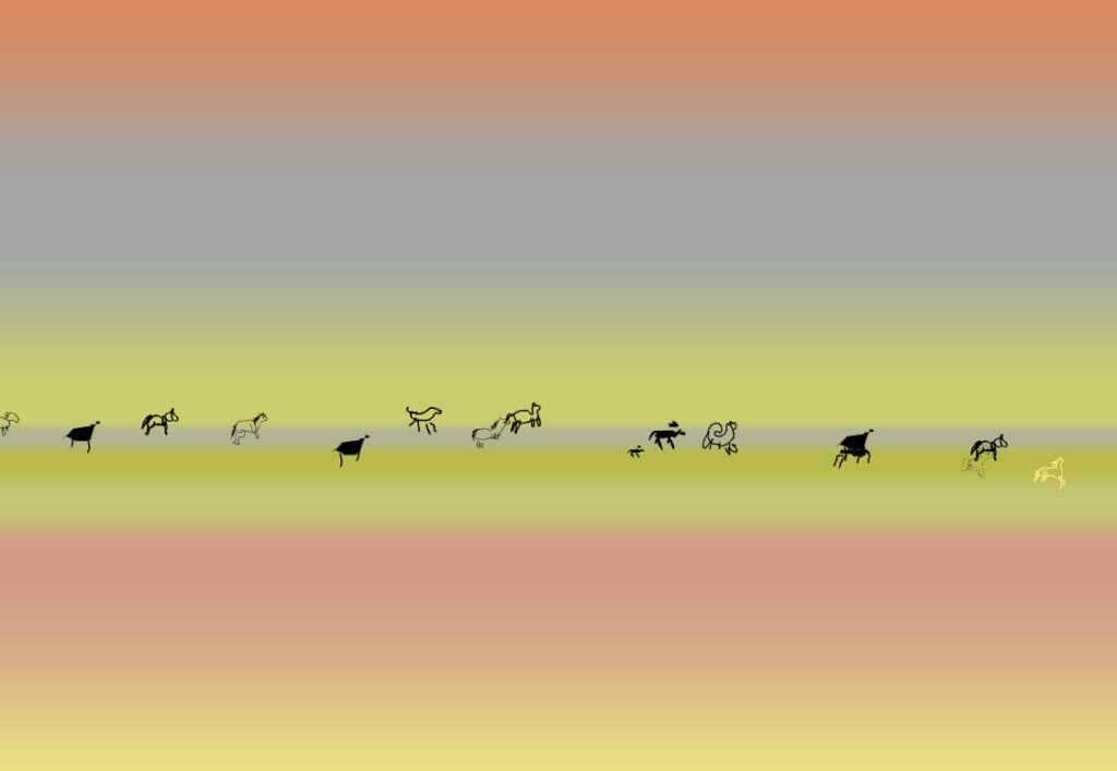 Crudely drawn horses on a multiple colored gradient skyline running to the right.