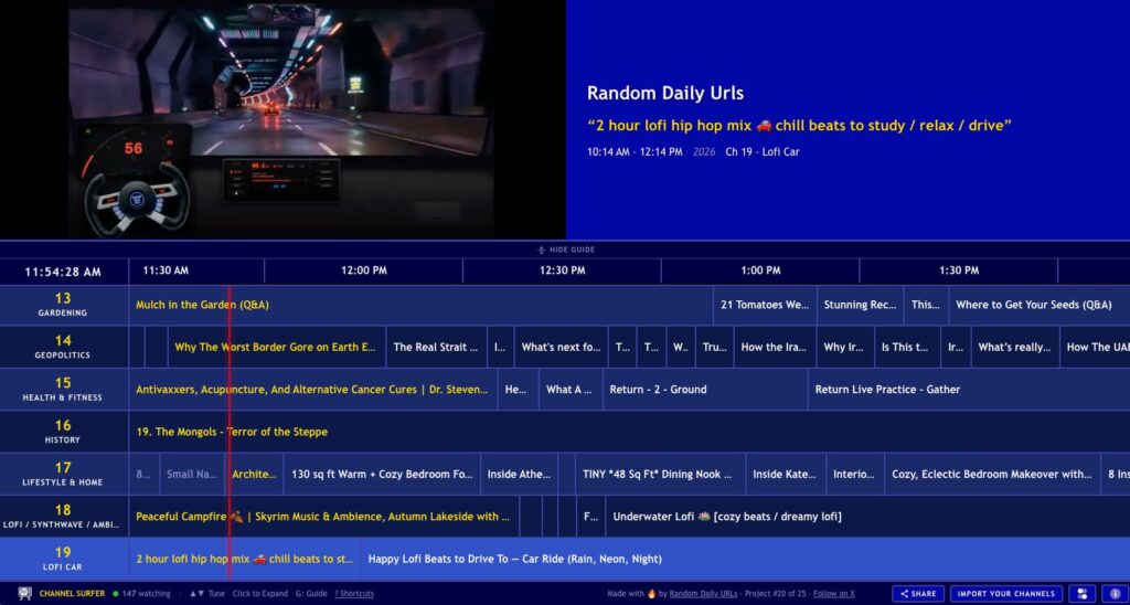 Channel surfer screenshot showing a random youtube video playing in a tv guide-esque display.