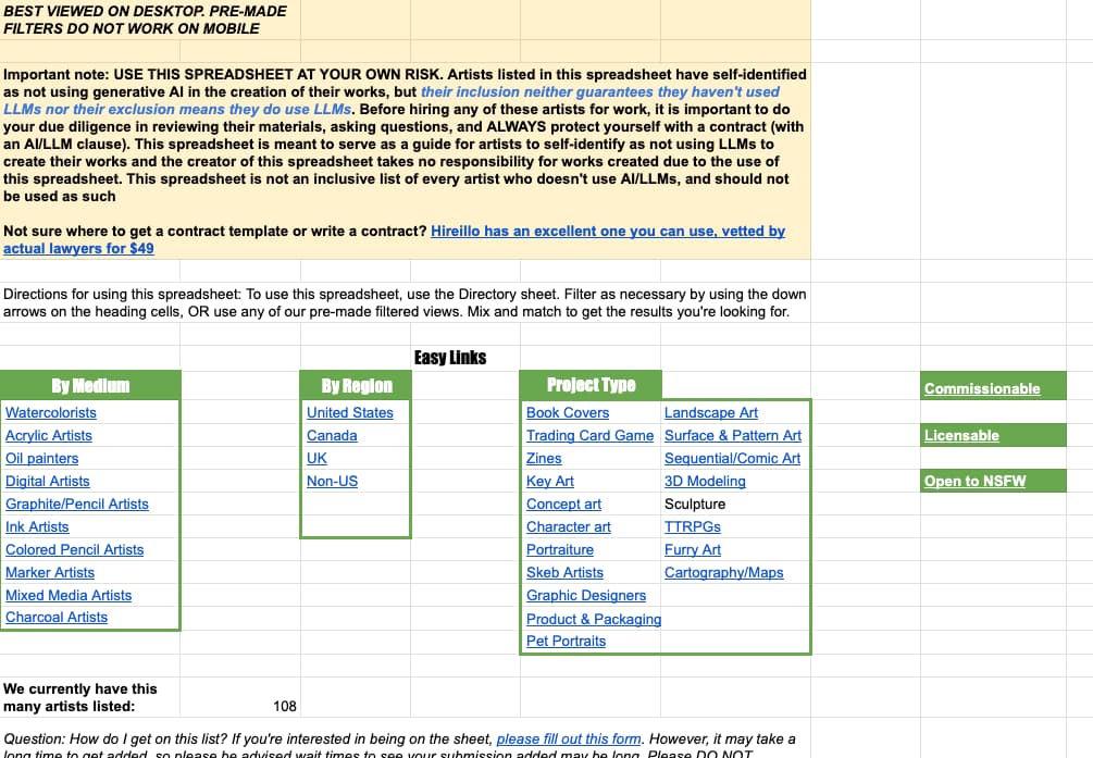 Screenshot of the HireHumanArtists.com front page.