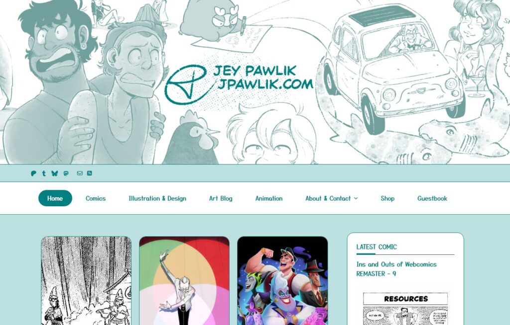 Screenshot of green, aqua, and white website for Jey Pawlik's artwork.