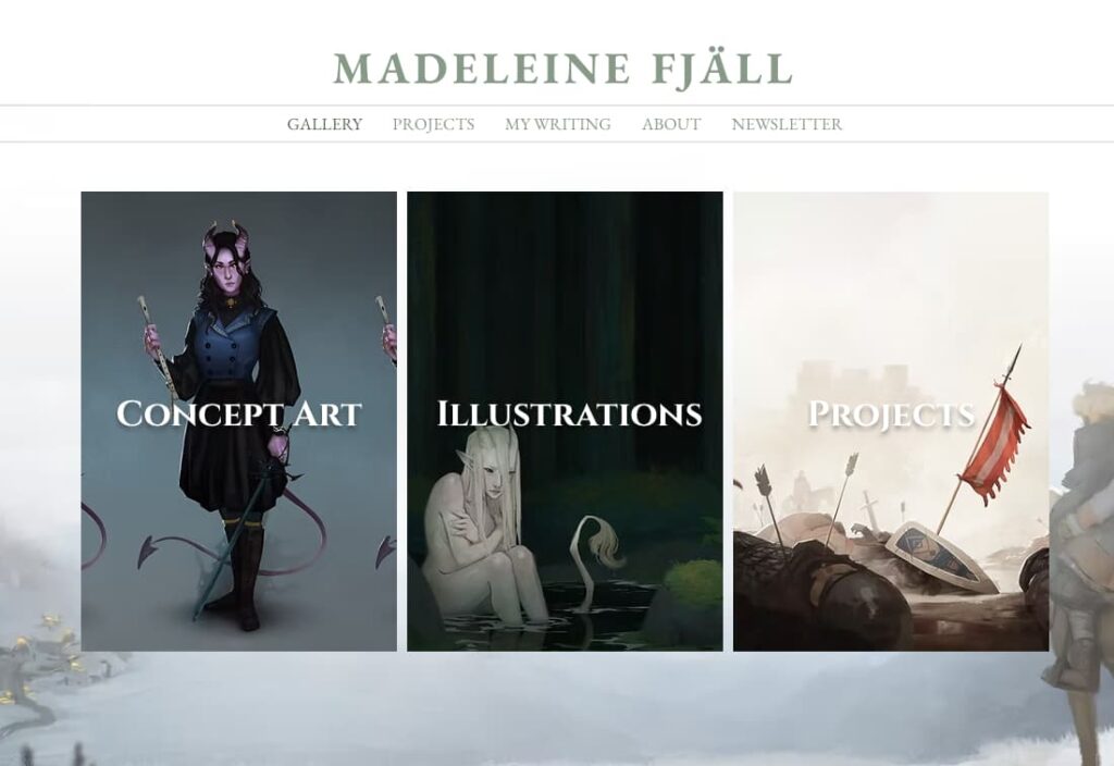 Screenshot of Madeleine Fjäll's website, featuring a top navigation and categories for each type of project like concept art, illustrations, and projects.