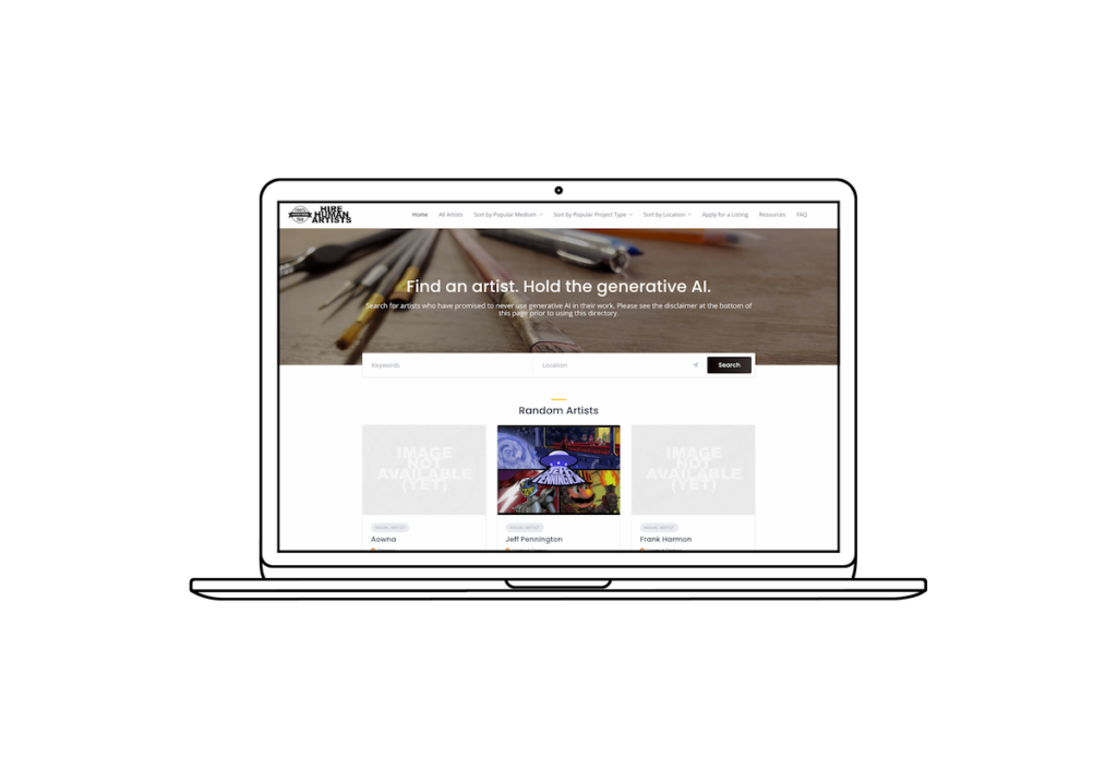 Hire Human Artists website mocked up on a wireframe laptop.