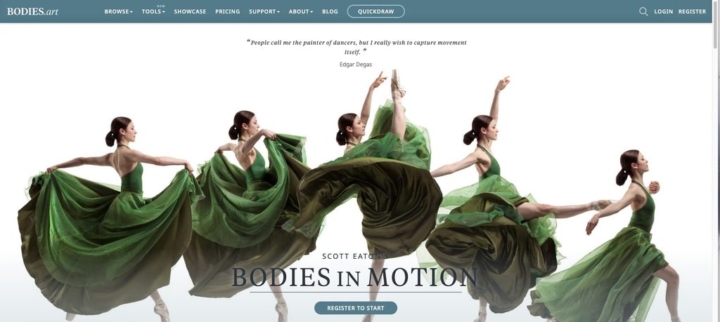 Screenshot from the Bodies in Motion website showing a woman with a green dress dancing.