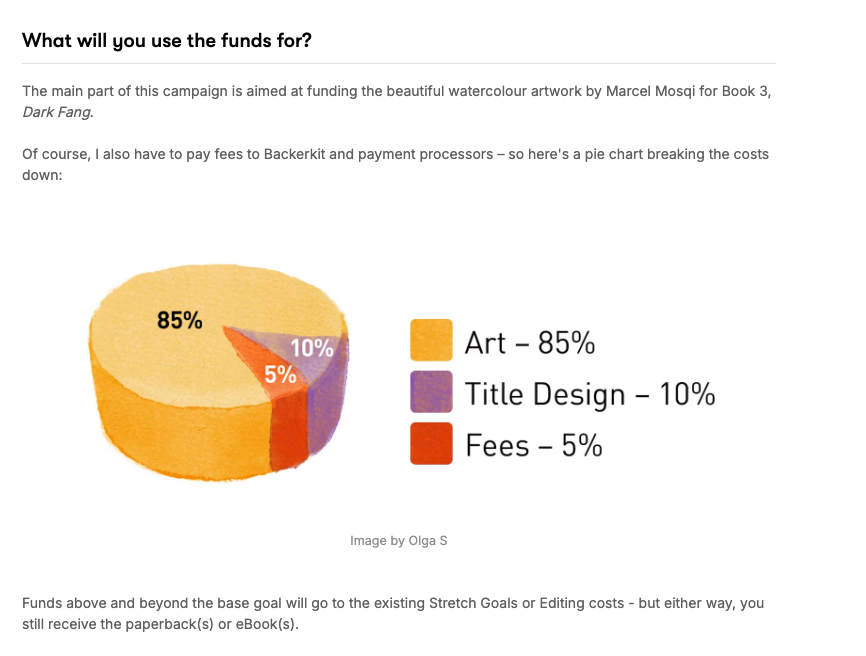 What will you use the funds for?
The main part of this campaign is aimed at funding the beautiful watercolour artwork by Marcel Mosqi for Book 3, Dark Fang.
Of course, I also have to pay fees to Backerkit and payment processors – so here's a pie chart breaking the costs down:
Image by Olga S
Funds above and beyond the base goal will go to the existing Stretch Goals or Editing costs - but either way, you still receive the paperback(s) or eBook(s).